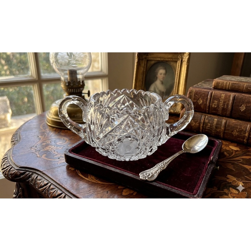 Antique American Brilliant Period Cut Glass Sugar Bowl Hobstar Double Handle